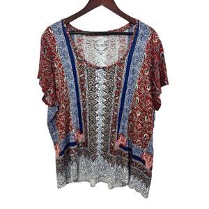 Lucky Brand Shirt Womens 3X Boho Top Shirt Short Sleeve Tapestry Print Linen